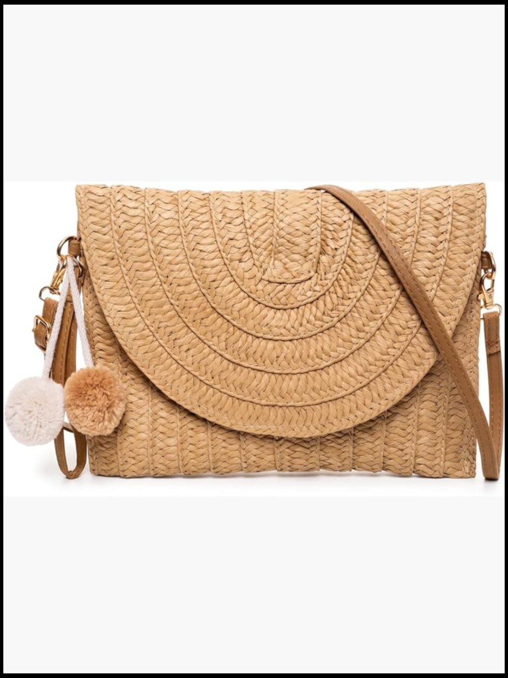 Woven Straw Crossbody Bag with Pom Pom Charm - Tan
